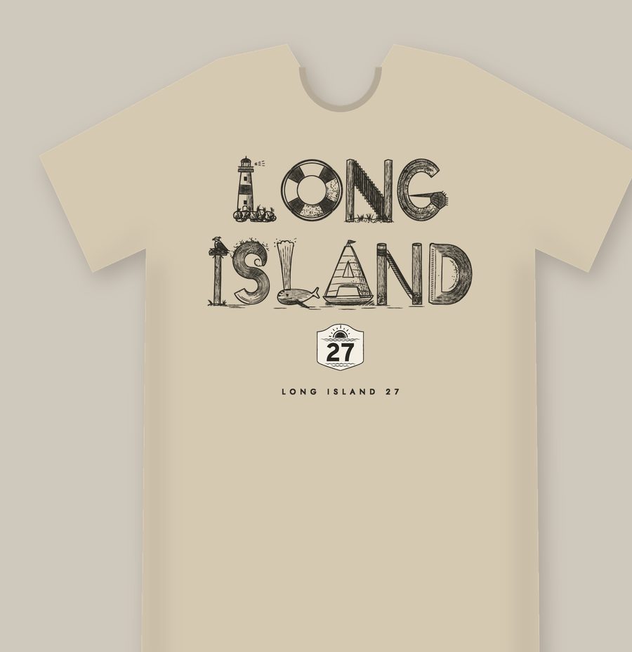 Mockup of an oatmeal tee printed with the hand-inked LONG ISLAND letter-objects and the Route 27 shield.